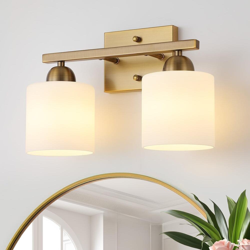 Antique Brass 2-Light Milk Glass Bathroom Vanity Light Wall Fixture